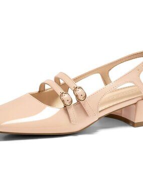 Women's Apricot Mary Jane Chunky Low Heels Slingback Pumps Closed Square Toe